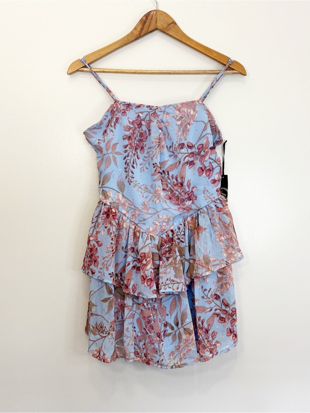 Liberty Love Blue Floral Tiered Ruffle Mini Dress Whimsical Boho Chic Size L